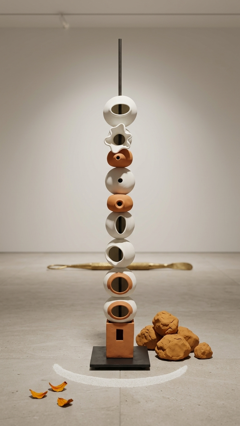 Terracotta & Ivory Orb Totem Sculpture – Modern Abstract Floor Statement