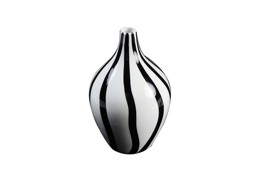 Black and white striped vase on a white background