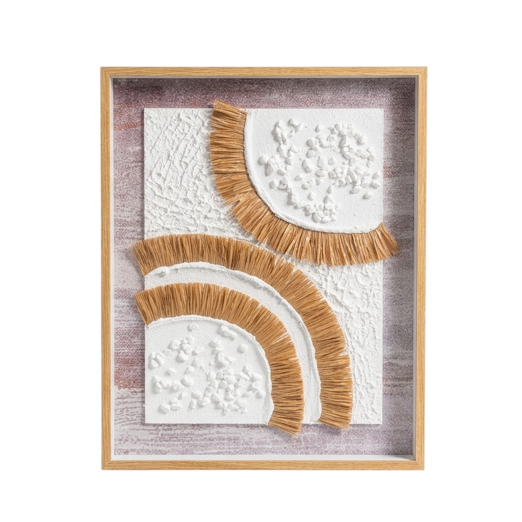 A framed abstract wall art piece featuring two white textured semi-circles with tan fringed edges, mounted on a distressed light gray and pink background inside a natural wood frame.
