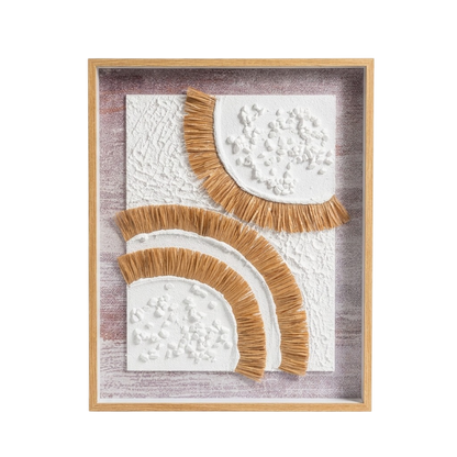 A framed abstract wall art piece featuring two white textured semi-circles with tan fringed edges, mounted on a distressed light gray and pink background inside a natural wood frame.