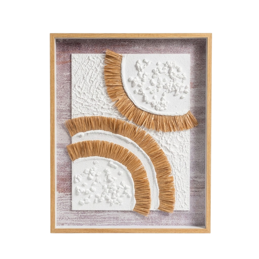 A framed abstract wall art piece featuring two white textured semi-circles with tan fringed edges, mounted on a distressed light gray and pink background inside a natural wood frame.