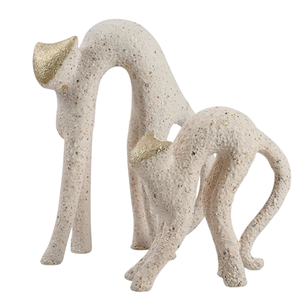 Abstract cat figurines in a textured cream stone-like finish with metallic gold accents on the ears, shown on a plain white background.