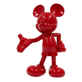 A glossy red Mickey Mouse figurine with a playful pose, set against a plain white background.