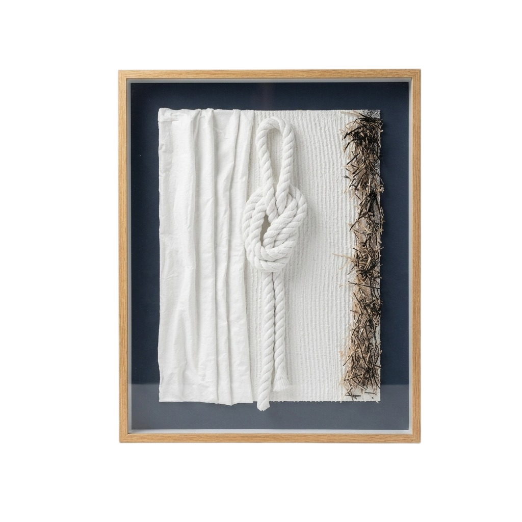 A framed wall art piece featuring a white textured fabric panel with a large white rope knot in the center and a vertical strip of brown dried seaweed or plant material along the right edge, set in a light wood frame against a dark navy background.