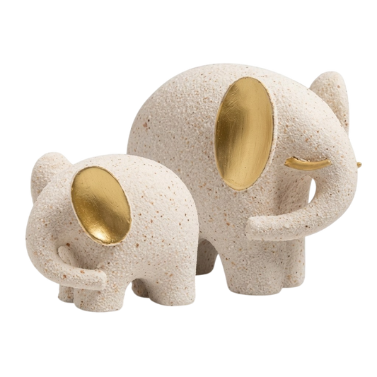 Two elephant figurines in a speckled cream-beige finish with metallic gold accents on their ears and trunks, shown on a plain white background.