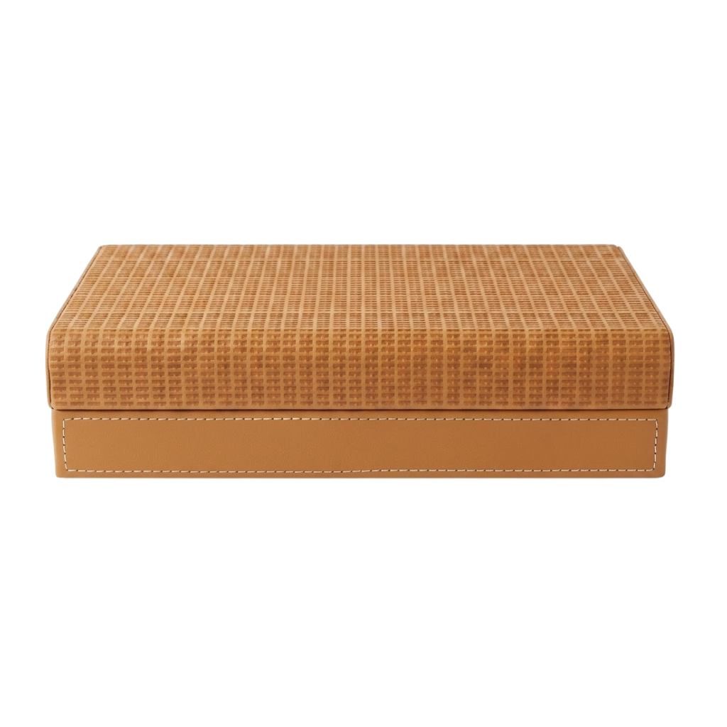 A rectangular tan leather and woven straw box with a stitched seam on the front, shown against a plain white background.