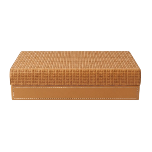 A rectangular tan leather and woven straw box with a stitched seam on the front, shown against a plain white background.