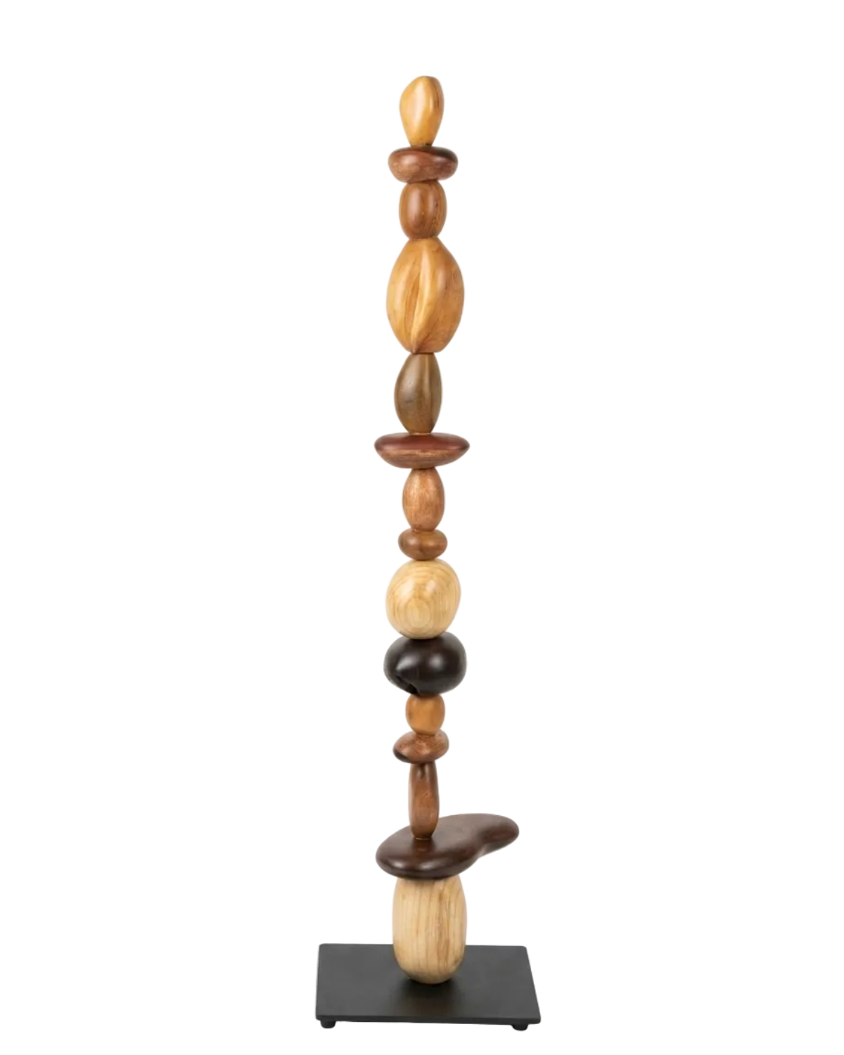 Wooden sculpture with stacked cylindrical shapes on a white background