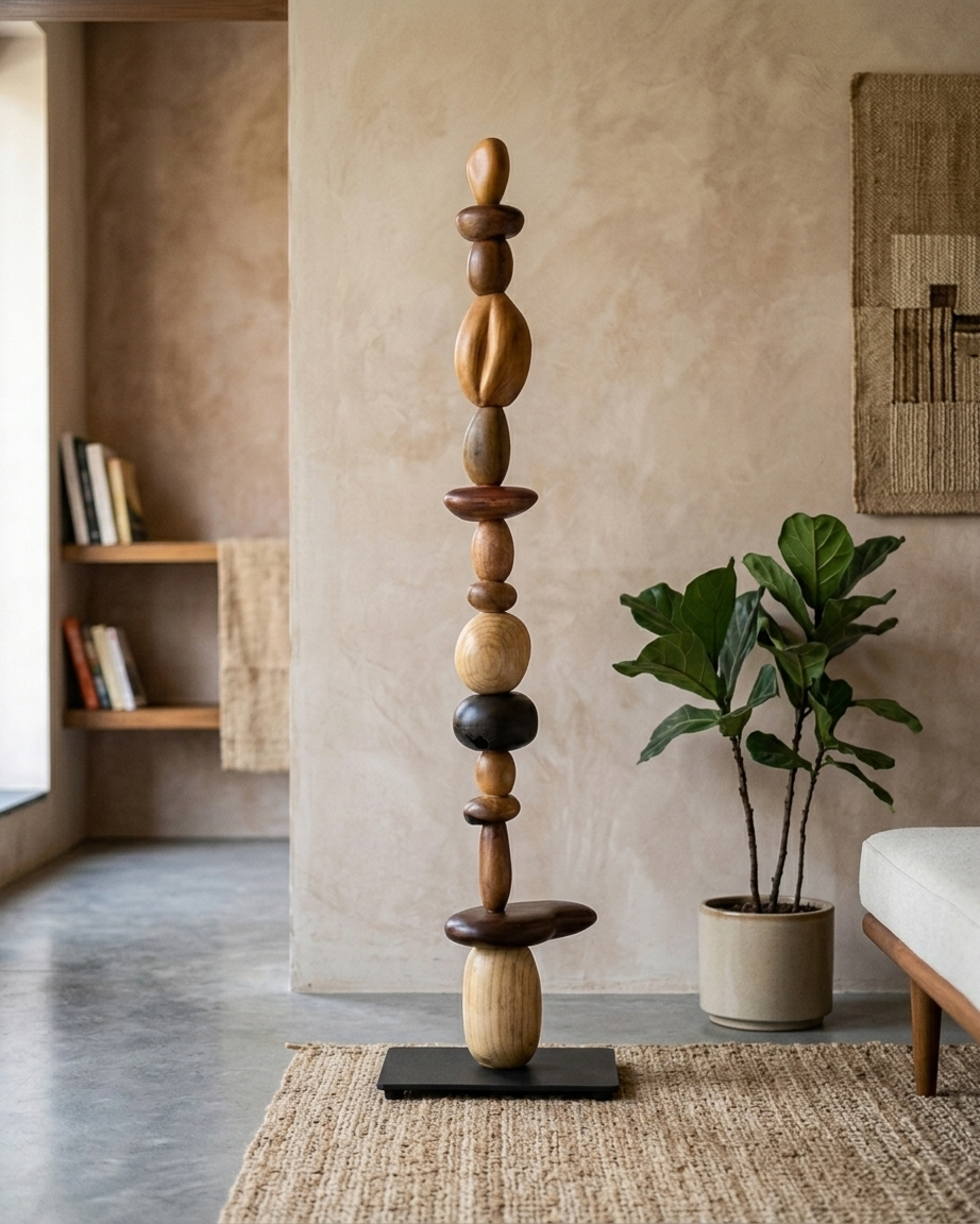Artisan Wood Totem Sculpture – Multi-Tone Handcrafted Statement Decor