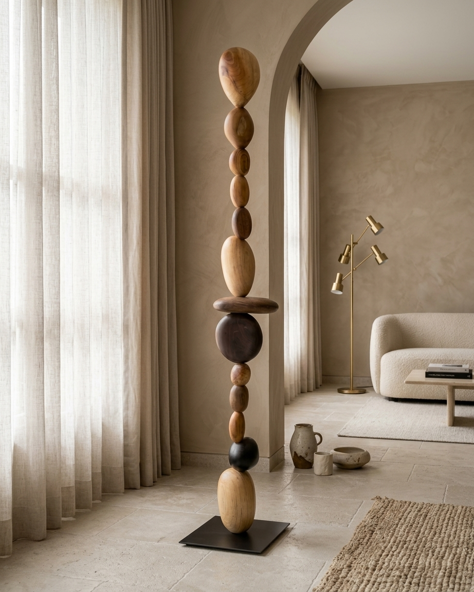Natural Wood Totem Sculpture – Handcrafted Abstract Floor Decor