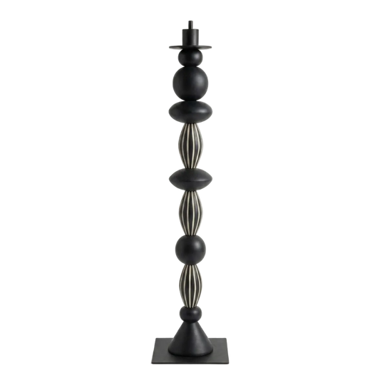 Black decorative candle holder with spherical and cylindrical design on a white background