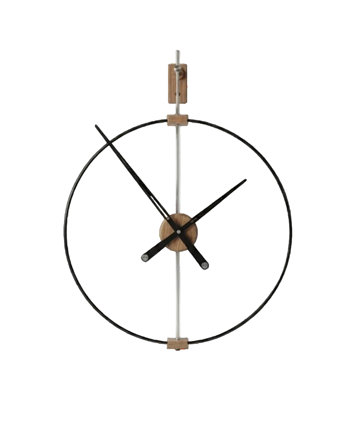 Modern wall clock with black hands and wooden accents on a white background