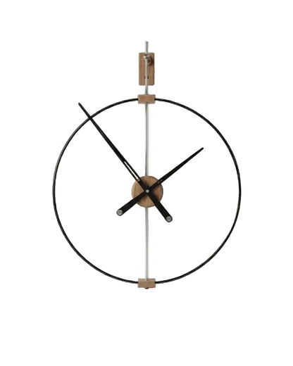 Modern wall clock with black hands and wooden accents on a white background