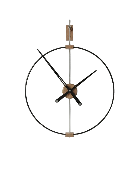 Modern wall clock with black hands and wooden accents on a white background