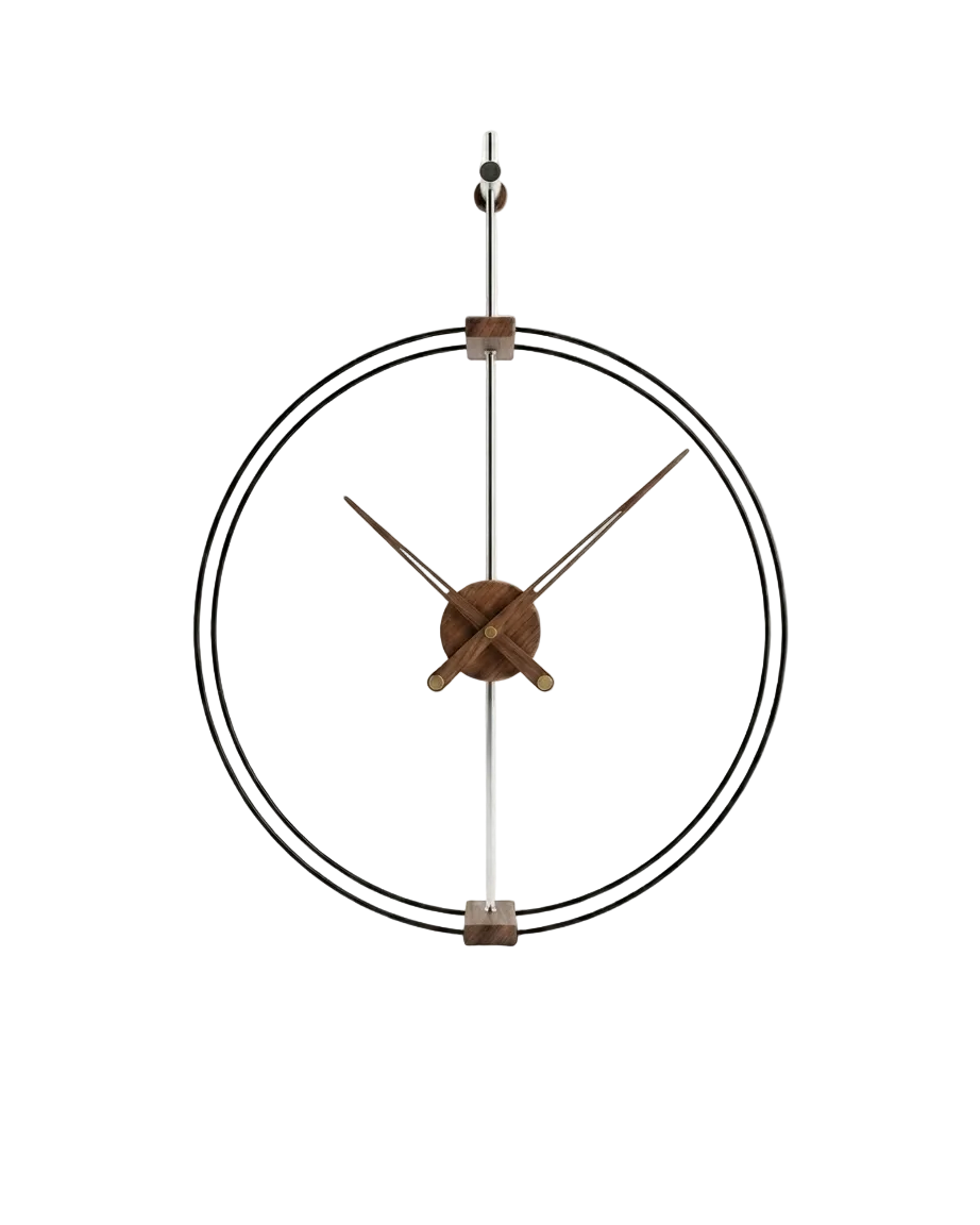 Decorative wall clock with metal frame and wooden accents on a white background