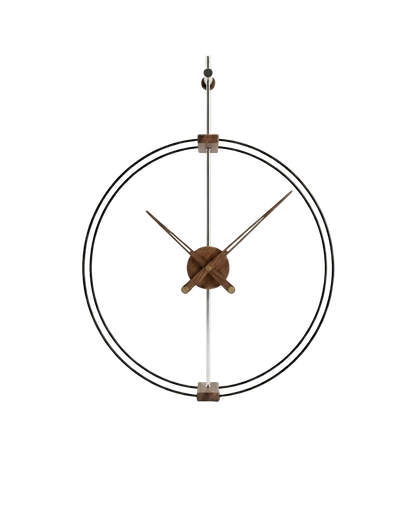 Decorative wall clock with metal frame and wooden accents on a white background