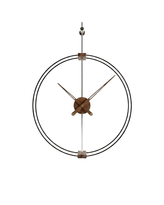 Decorative wall clock with metal frame and wooden accents on a white background