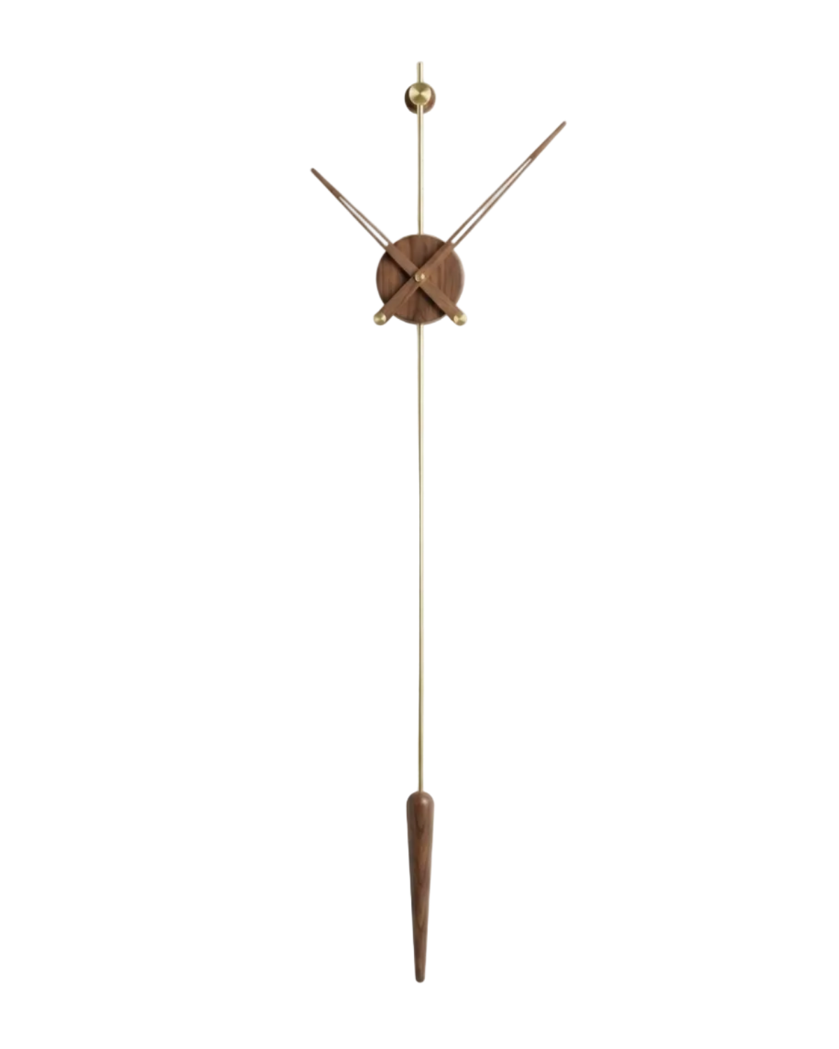 Wall clock with long wooden pendulum on a white background
