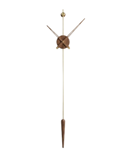 Wall clock with long wooden pendulum on a white background