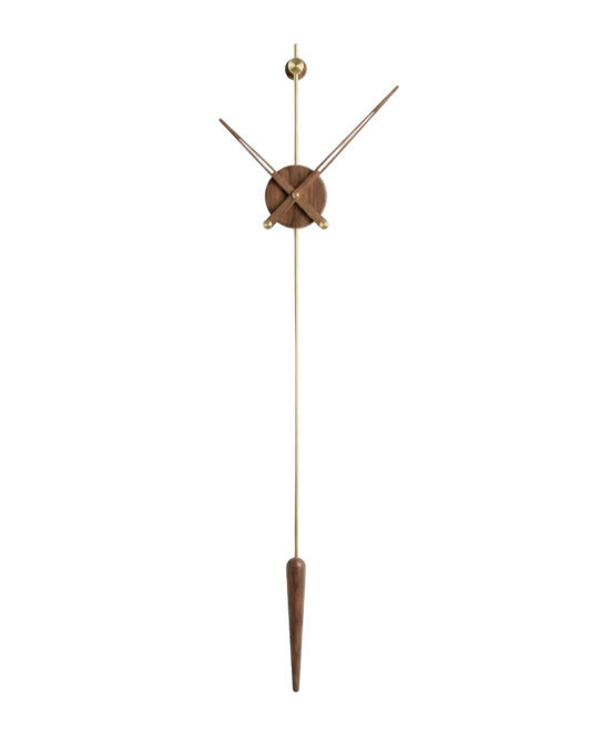 Wall clock with long wooden pendulum on a white background