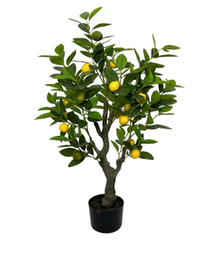 Potted artificial lemon tree with green leaves and yellow lemons on a white background