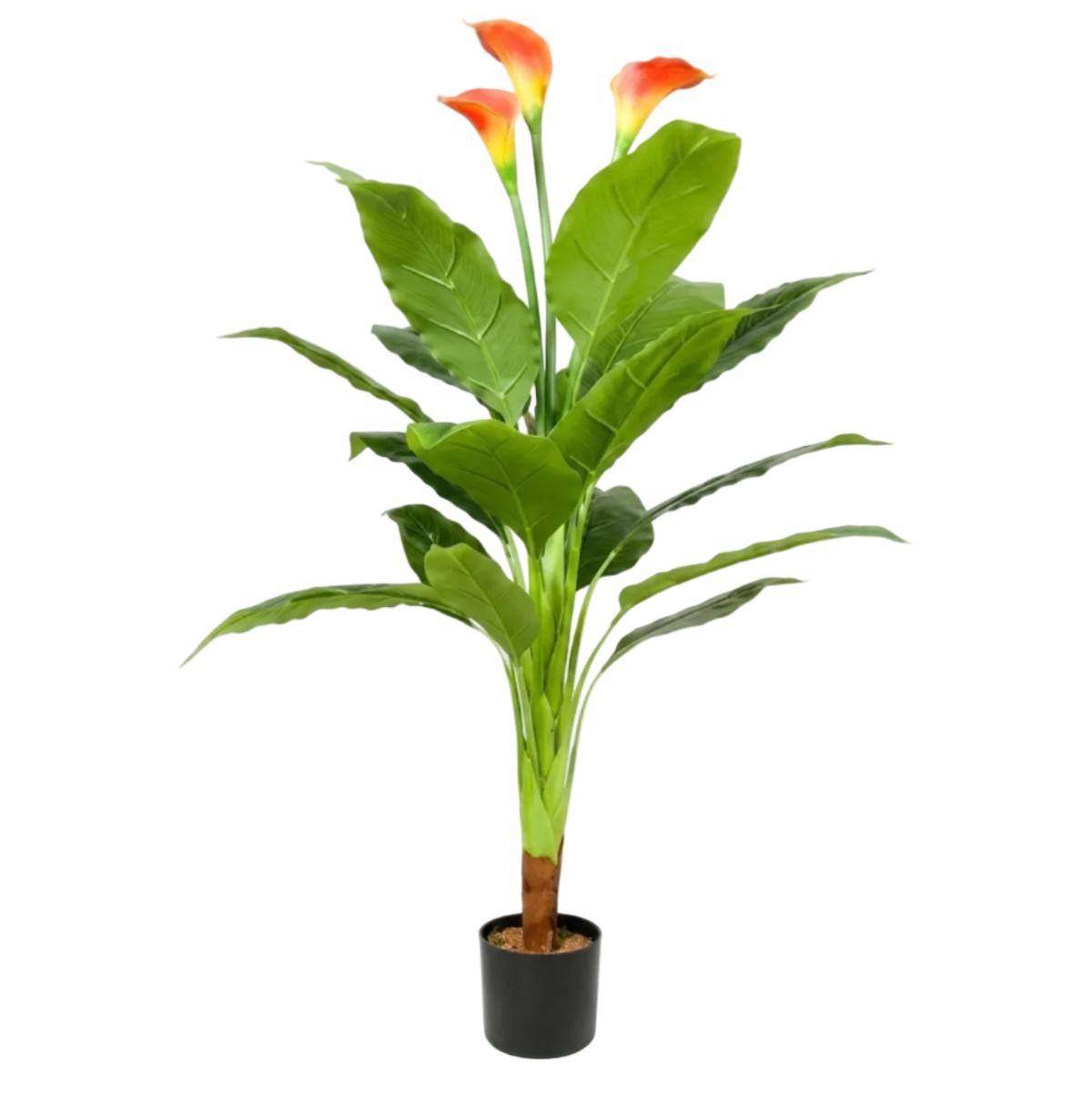 Artificial potted plant with green leaves and red-orange flowers on a white background