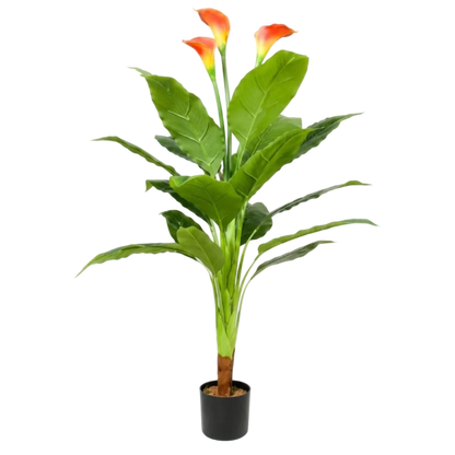 Artificial potted plant with green leaves and red-orange flowers on a white background