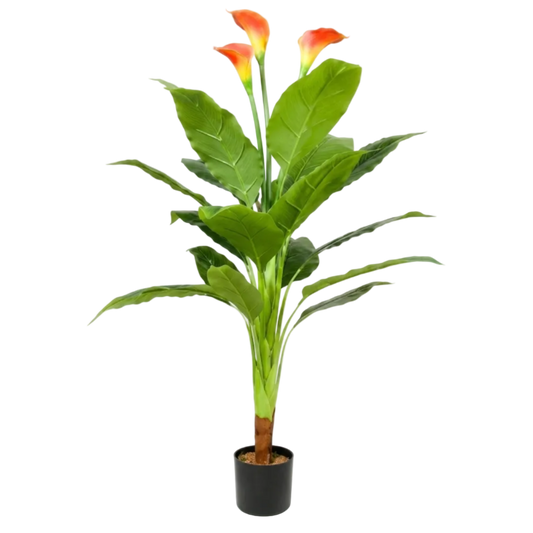 Artificial potted plant with green leaves and red-orange flowers on a white background