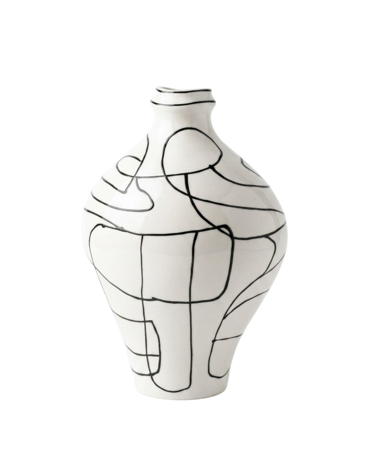 White vase with black abstract line design on a white background