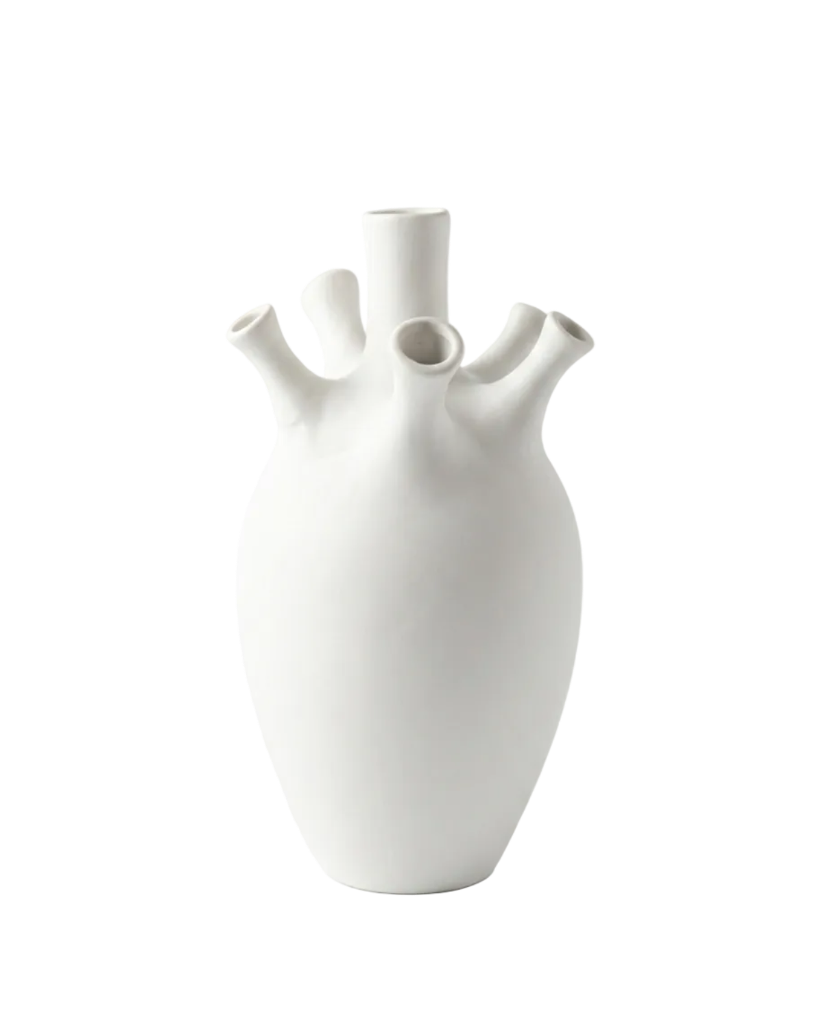 White ceramic vase with unique design on a light gray background