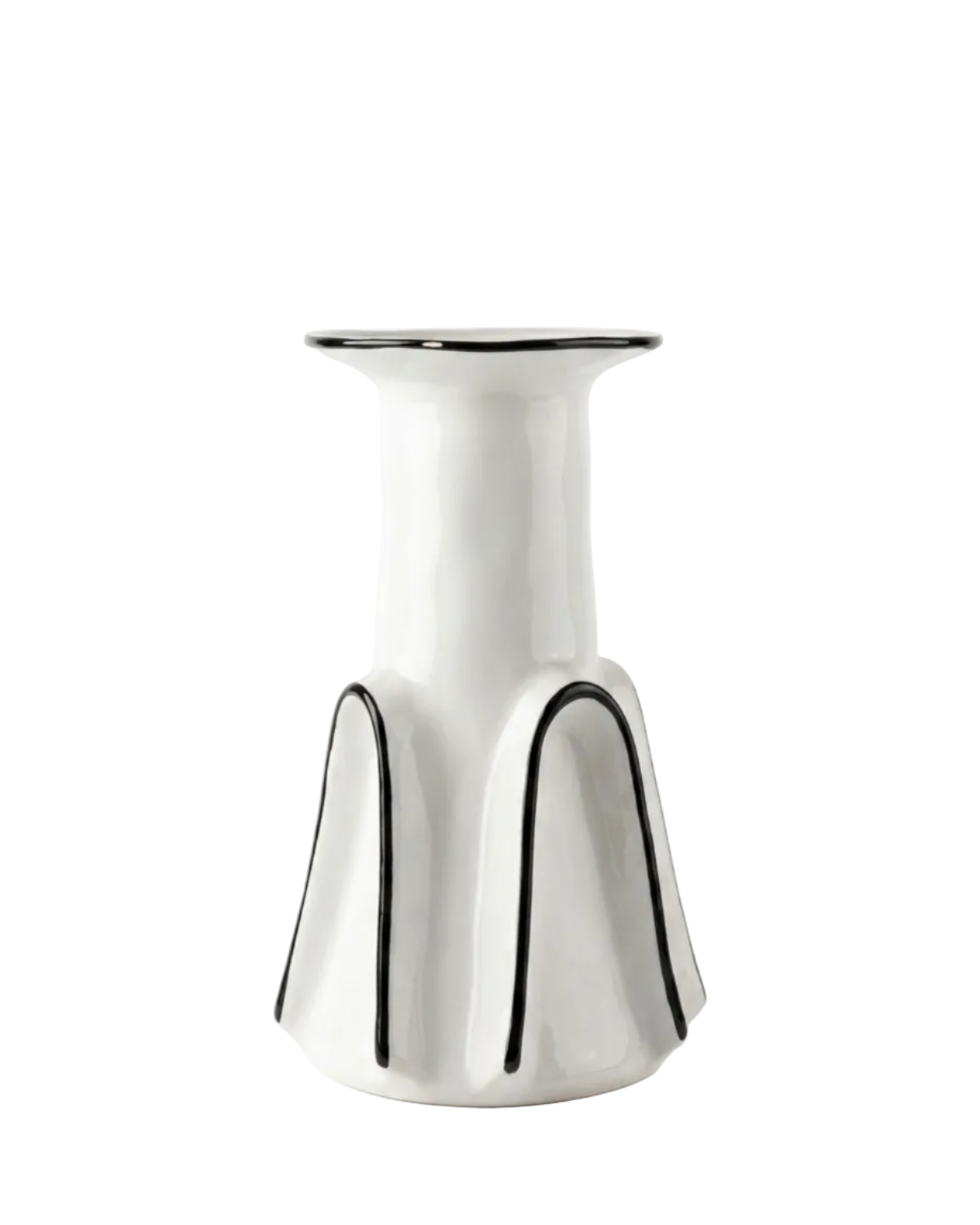 White ceramic vase with black accents on a white background