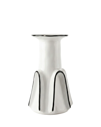 White ceramic vase with black accents on a white background