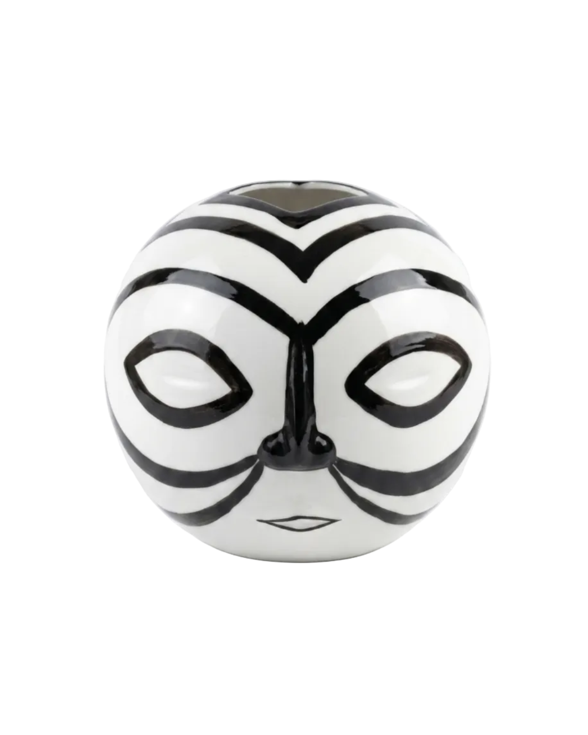 Black and white striped ball with a face design on a white background