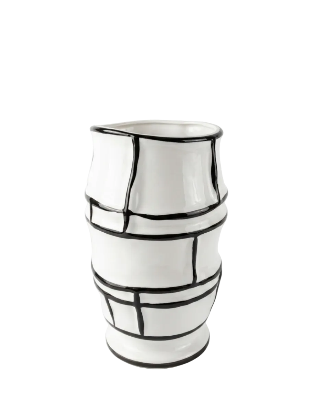 Decorative vase with black geometric patterns on a white background