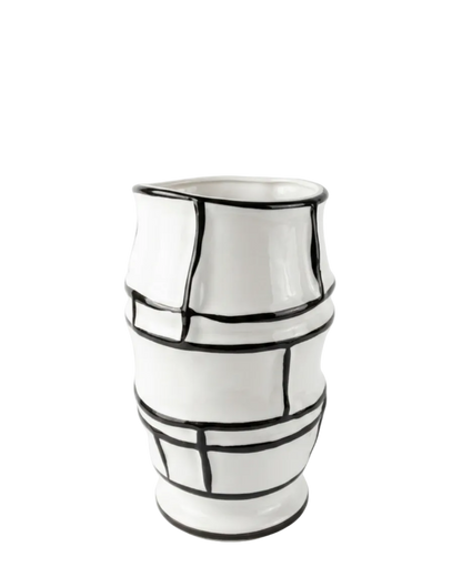Decorative vase with black geometric patterns on a white background