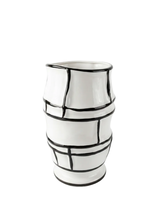 Decorative vase with black geometric patterns on a white background