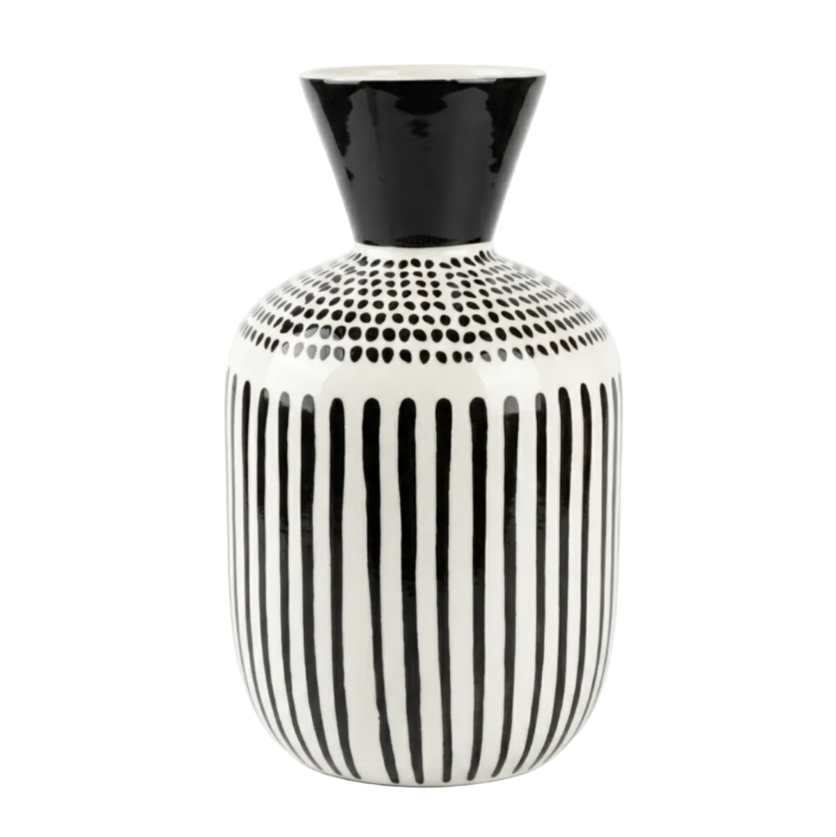Black and white patterned vase on a white background