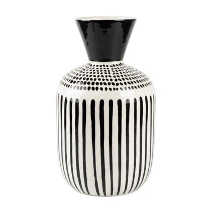 Black and white patterned vase on a white background