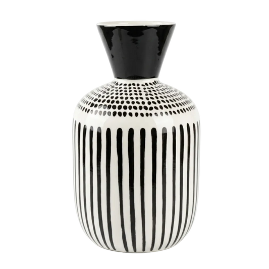 Black and white patterned vase on a white background