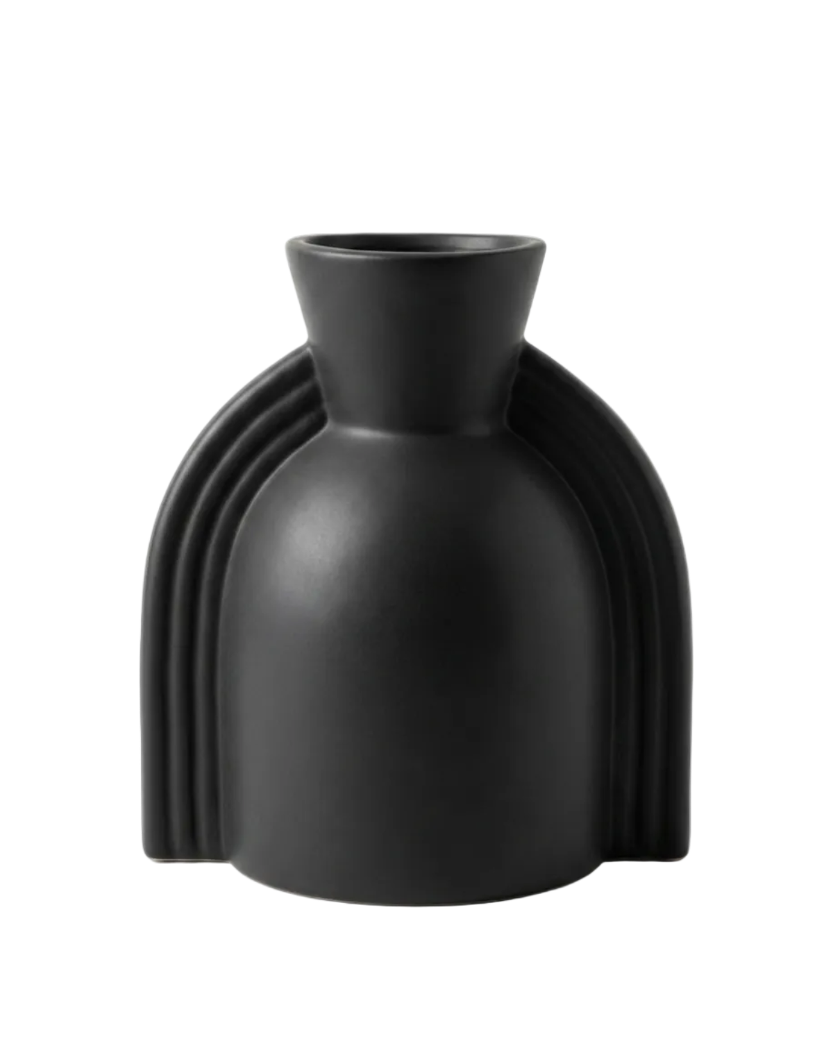 Black vase with unique design on a white background