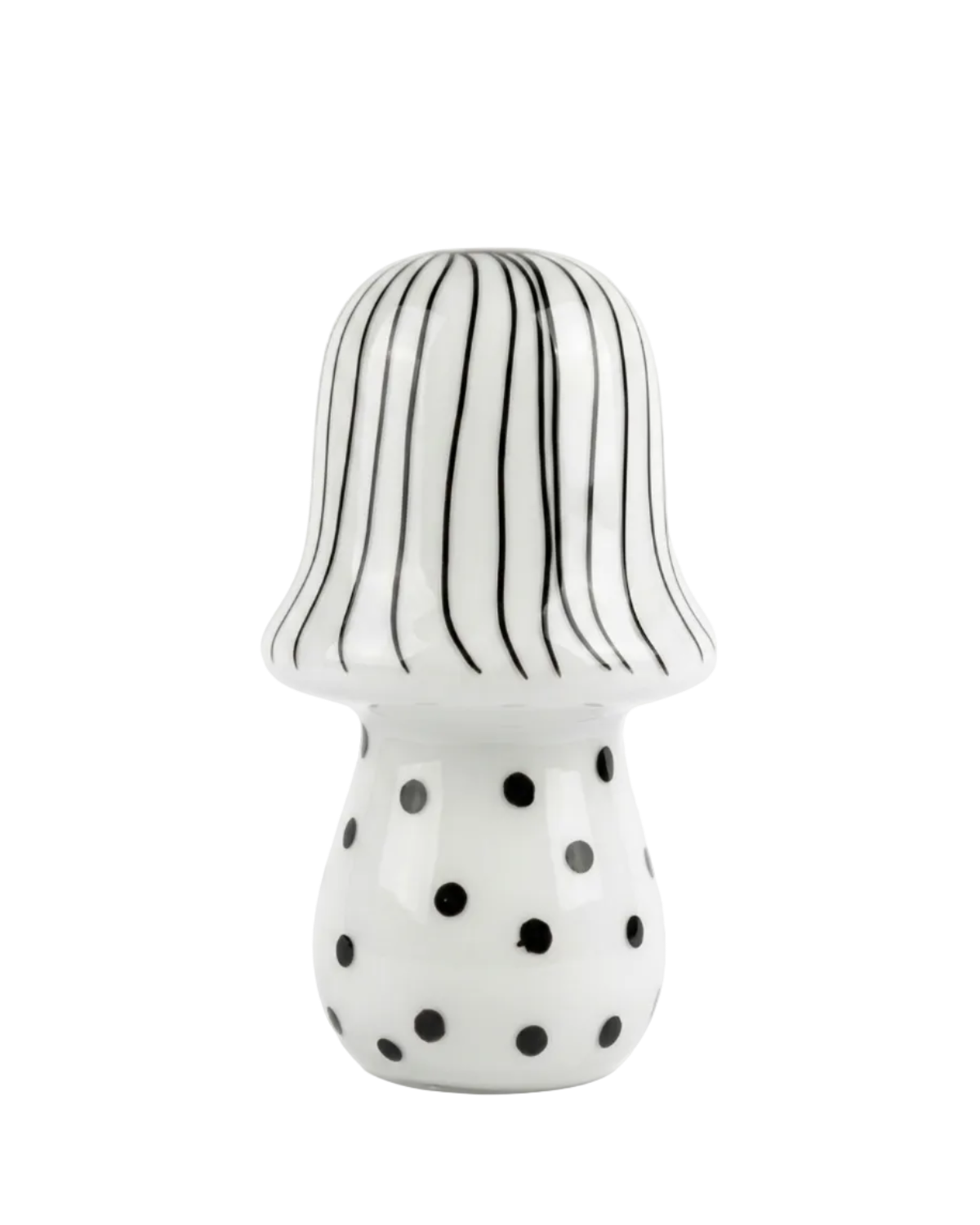 Ceramic mushroom with striped cap and polka dot body on a white background