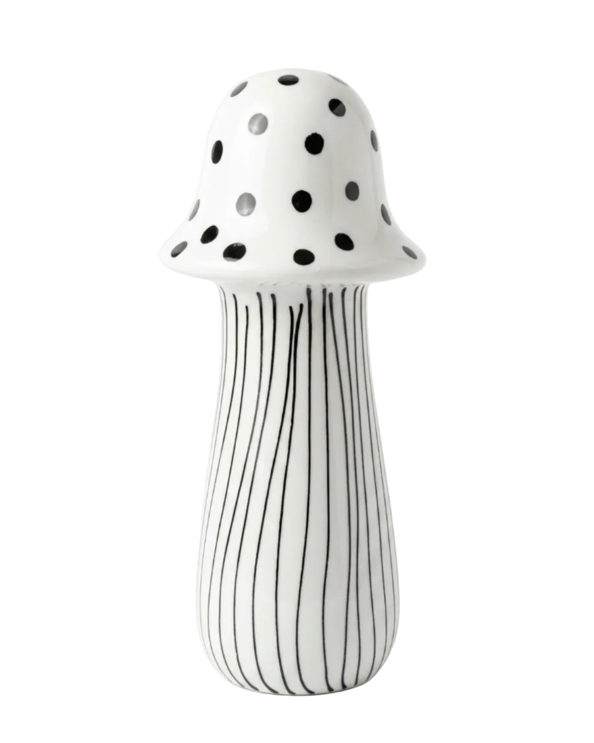 Mushroom-shaped vase with black polka dot top and striped body on a white background