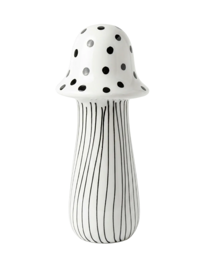 Mushroom-shaped vase with black polka dot top and striped body on a white background