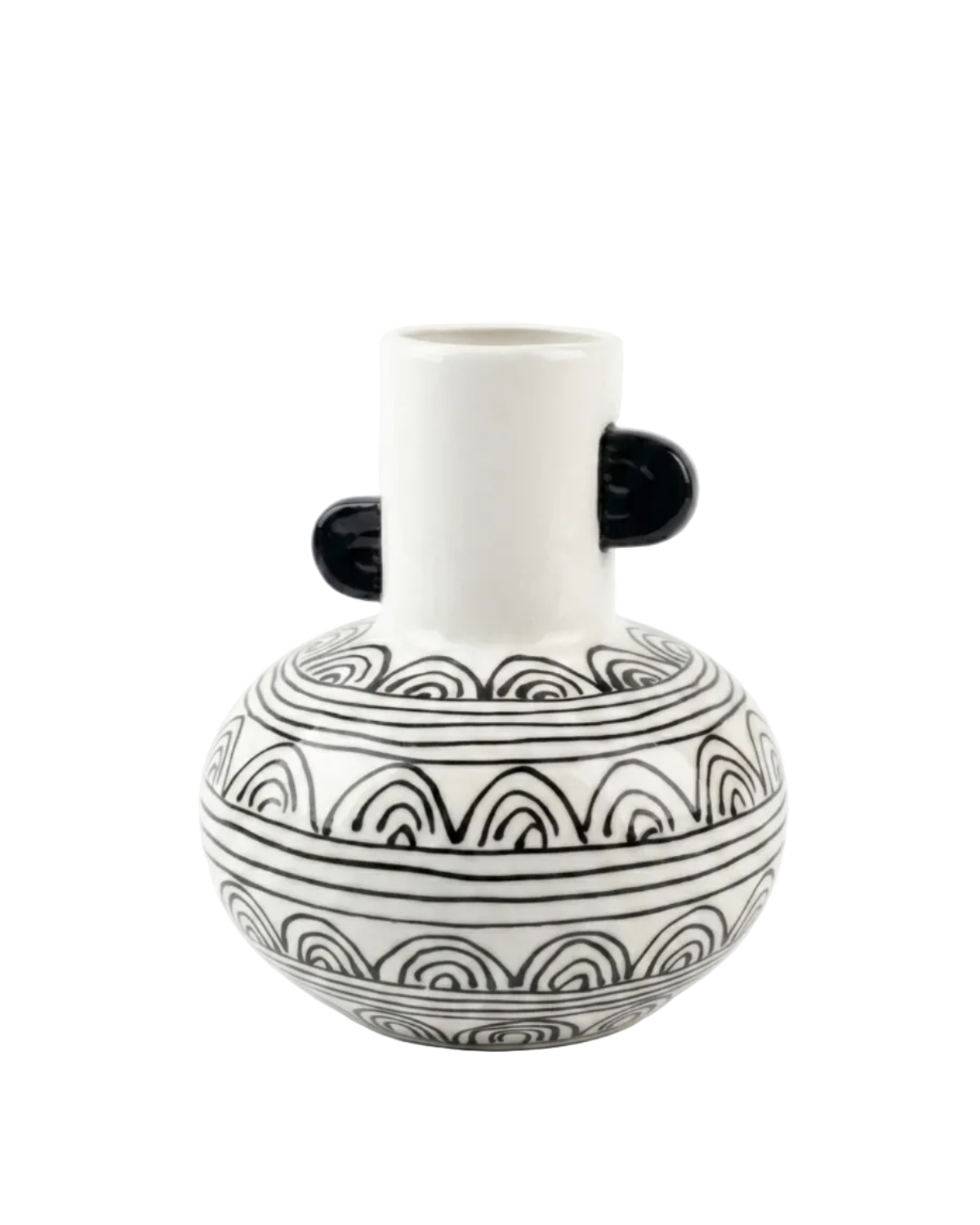 White vase with black geometric patterns and handles on a white background
