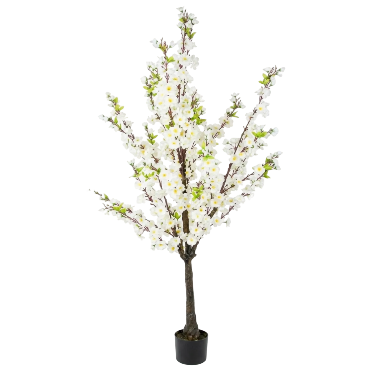 Artificial cherry blossom tree with white flowers in a pot on a white background