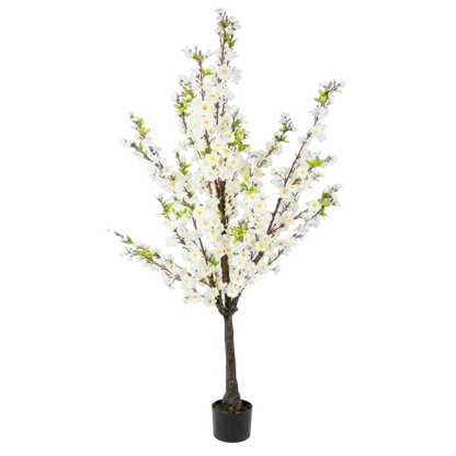 Artificial cherry blossom tree with white flowers in a pot on a white background