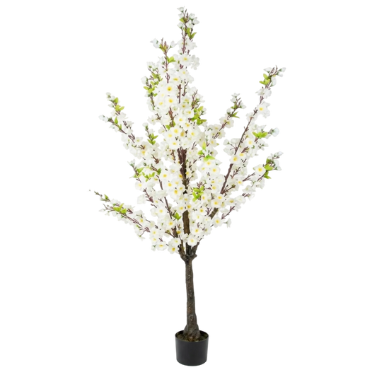 Artificial cherry blossom tree with white flowers in a pot on a white background
