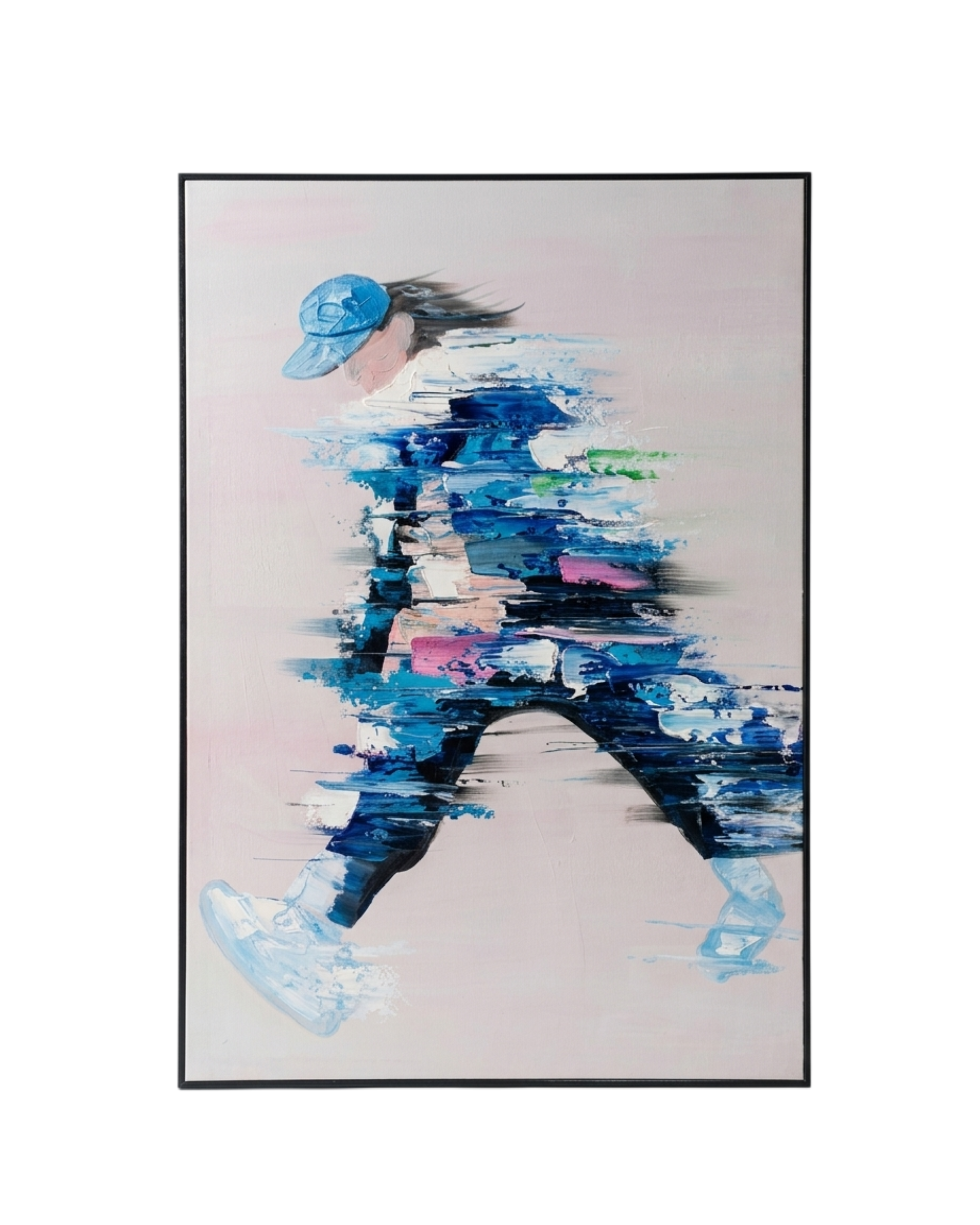 Abstract artwork of a person wearing a blue cap on a light background