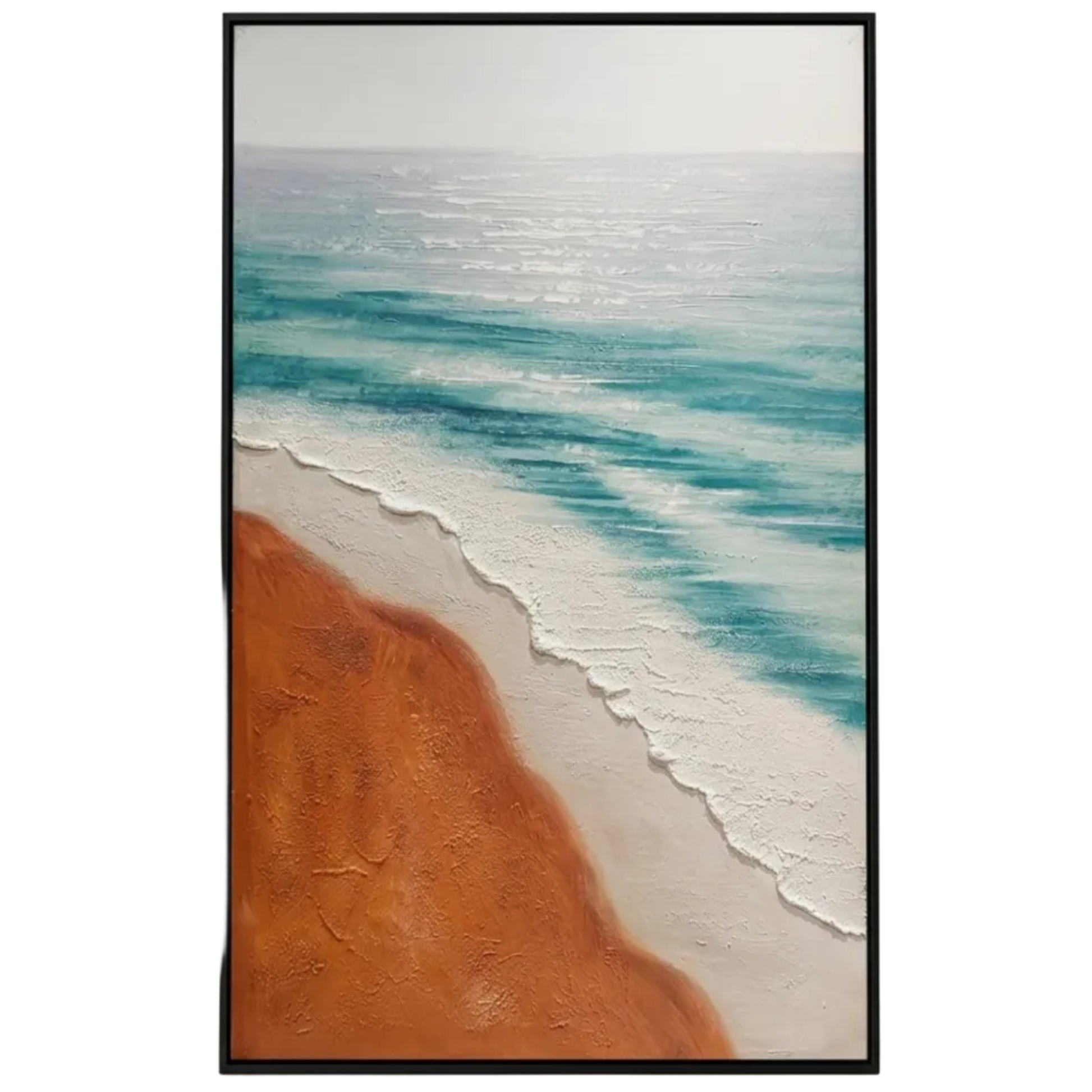 Framed artwork of a beach scene with blue water and orange sand on a white wall.