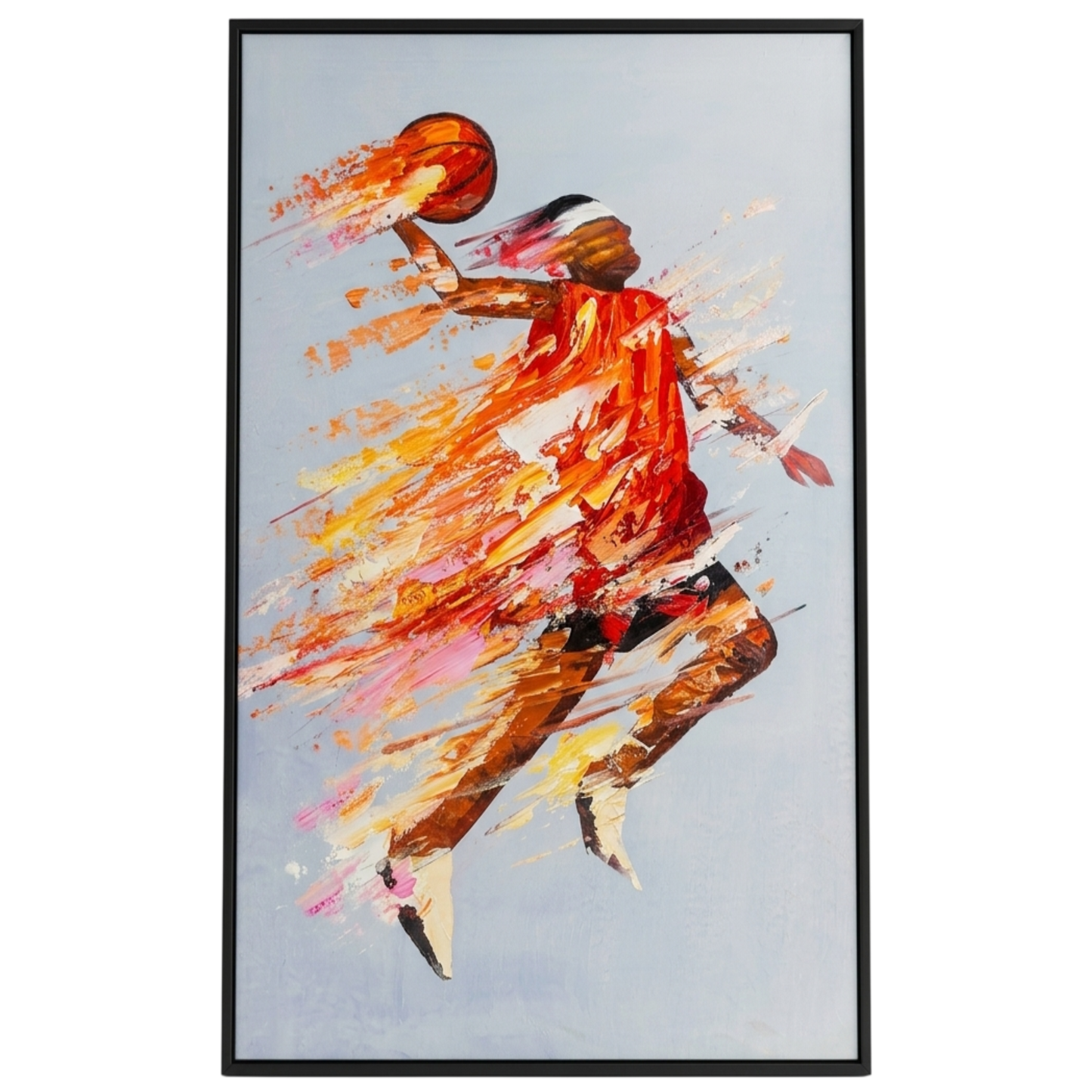 Framed artwork of a dynamic basketball player in action with colorful abstract design.